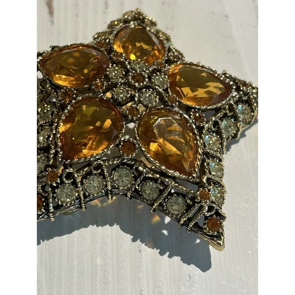 VTG KJL Kenneth J. Lane Orion Star Book Piece Gold Topaz Rhinestone Glass Brooch
